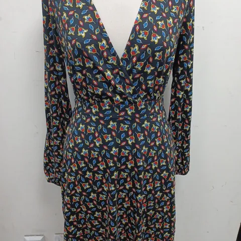 BODEN V-NECK FLORAL PRINT BLACK DRESS - UK 10R