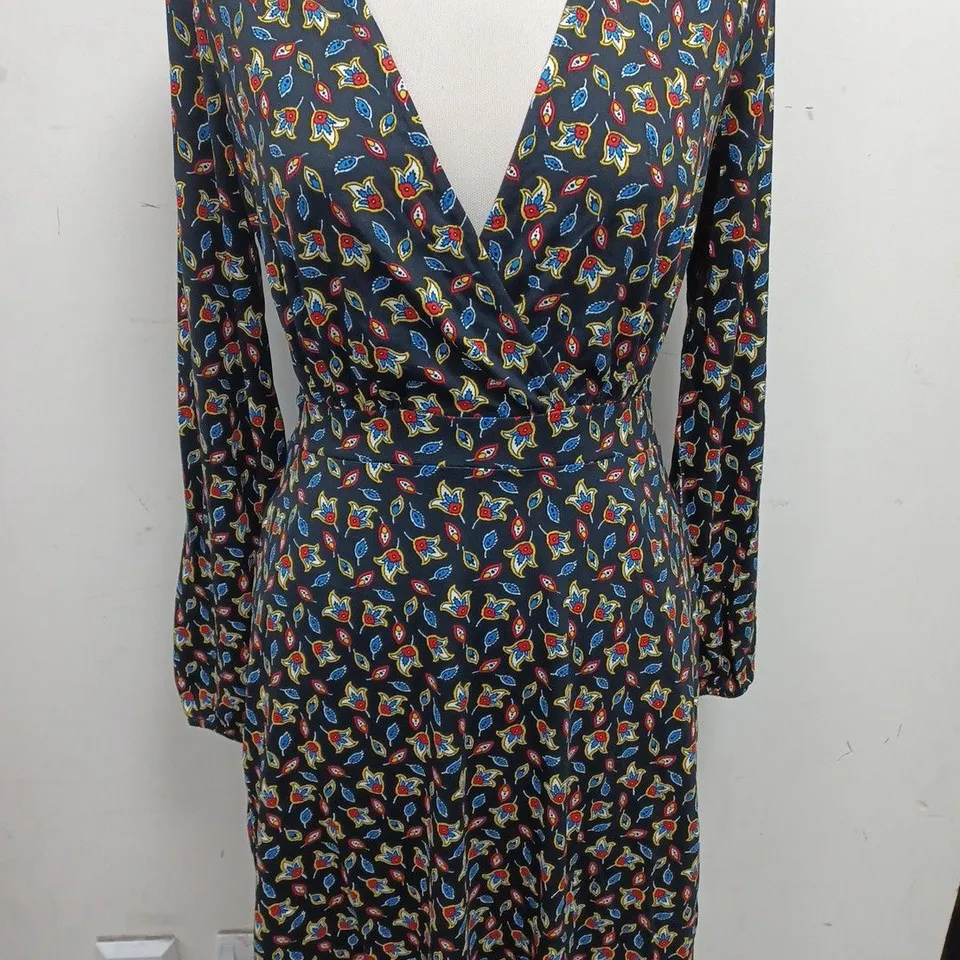 BODEN V-NECK FLORAL PRINT BLACK DRESS - UK 10R