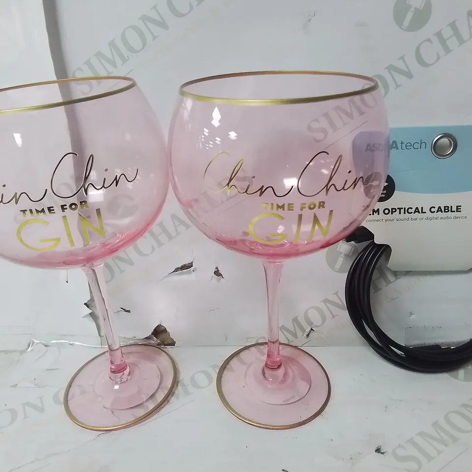 LOT OF 12 PAIRS OF PINK TIME FOR GIN GLASSES AND APPROXIMATELY 40 2M OPTICAL CABLES