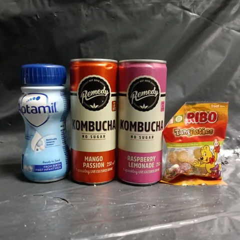 APPROXIMATELY 10 ASSORTED FOOD AND DRINK ITEMS TO INCLUDE HARIBO, KOMBUCHA, ETC