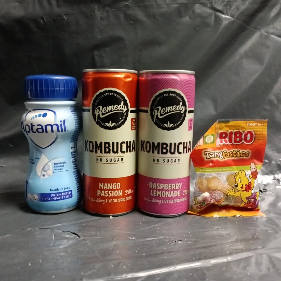 APPROXIMATELY 10 ASSORTED FOOD AND DRINK ITEMS TO INCLUDE HARIBO, KOMBUCHA, ETC