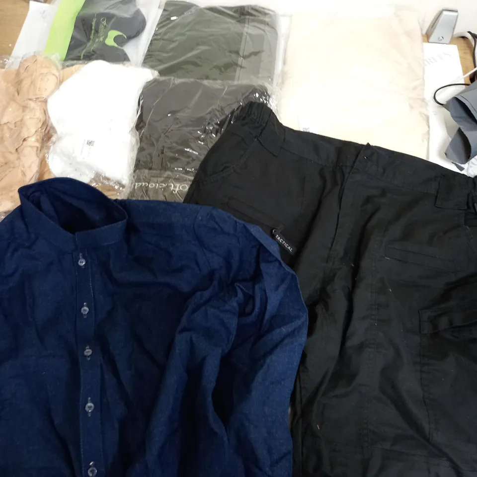 LARGE BOX OF ASSORTED CLOTHING ITEMS IN VARIOUS COLOURS AND SIZES INCLUDING TROUSERS , TOPS AND JUMPERS 
