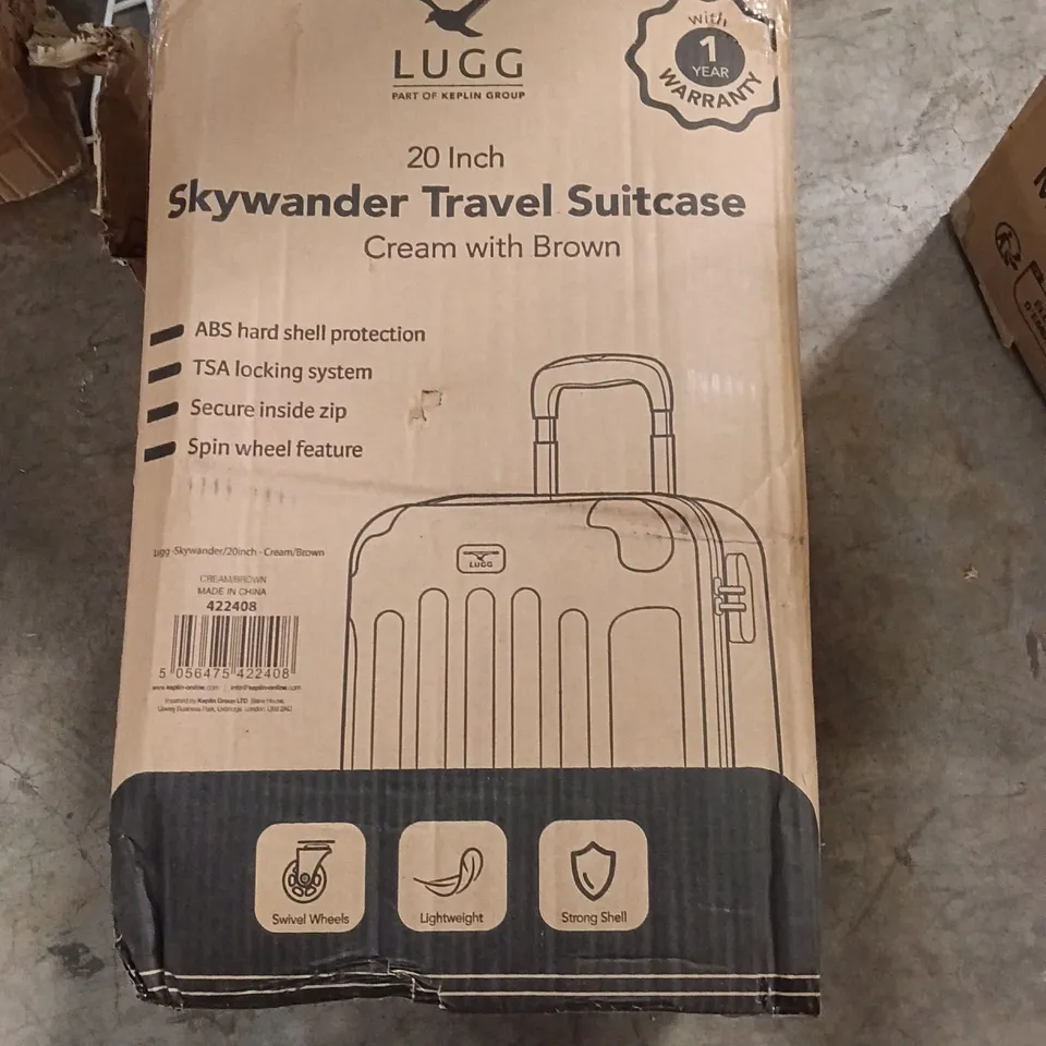 BOXED KEPLIN LUGG 20 INCH SKYWANDER TRAVEL SUITCASE CREAM AND BROWN COLOUR 