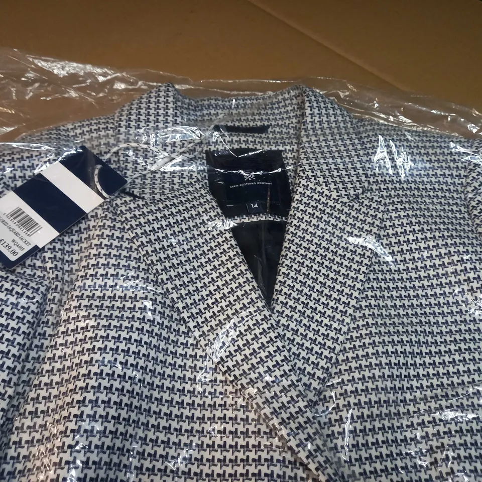 PACKAGED CREW CLOTHING COMPANY NAVY/WHITE TAILORED JAQUARD JACKET - SIZE 14
