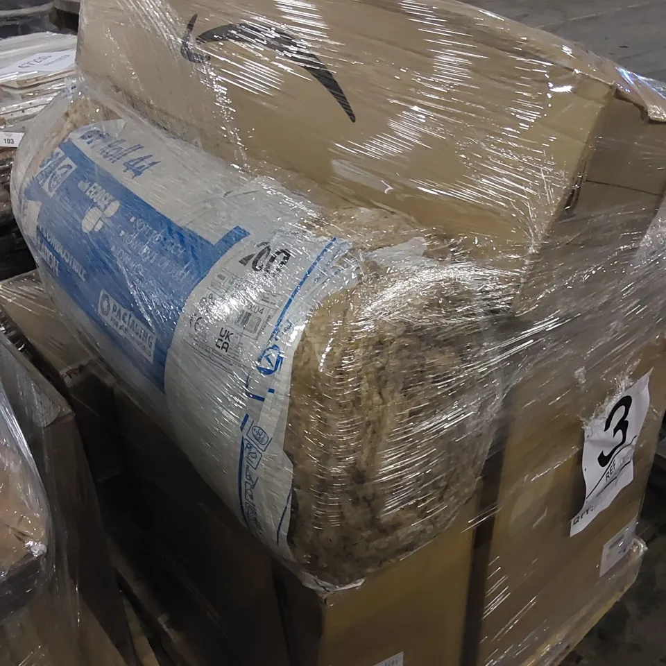 PALLET TO CONTAIN ASSORTED HOUSEHOLD ITEMS. INCLUDES A ROLL OF INSULATION AND BATHROOM UNITS ETC
