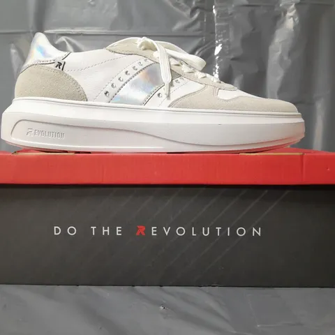 BOXED PAIR OF RIEKER REVOLUTION TRAINERS IN WHITE/PRISMATIC SILVER W. JEWEL EFFECT SIZE 7.5