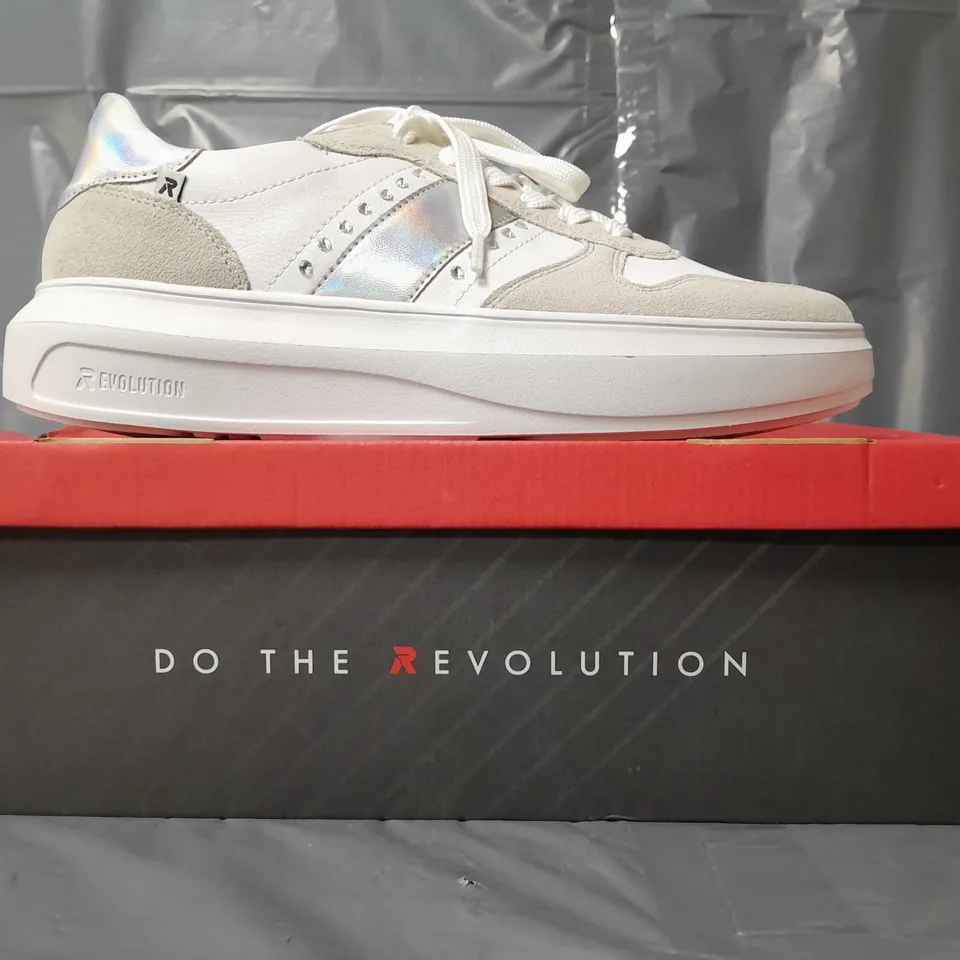 BOXED PAIR OF RIEKER REVOLUTION TRAINERS IN WHITE/PRISMATIC SILVER W. JEWEL EFFECT SIZE 7.5