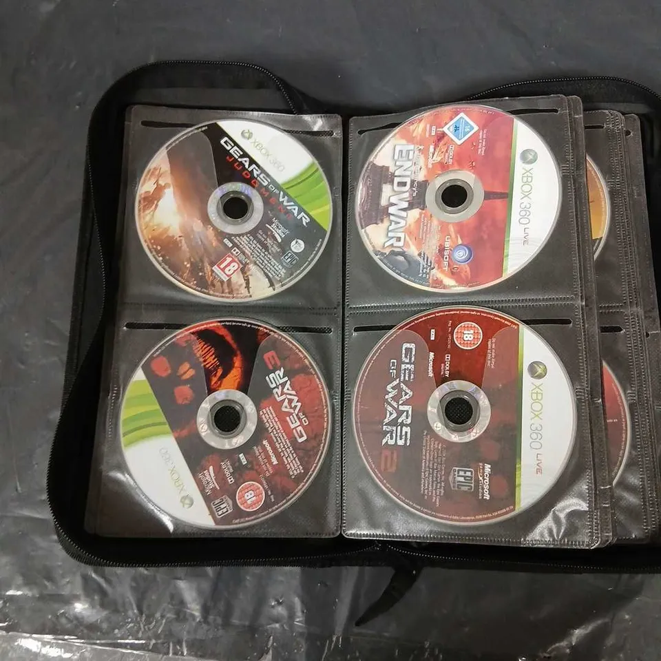 CD/GAME WALLET WITH APPROXIMATELY 50 ASSORTED XBOX 360 GAMES