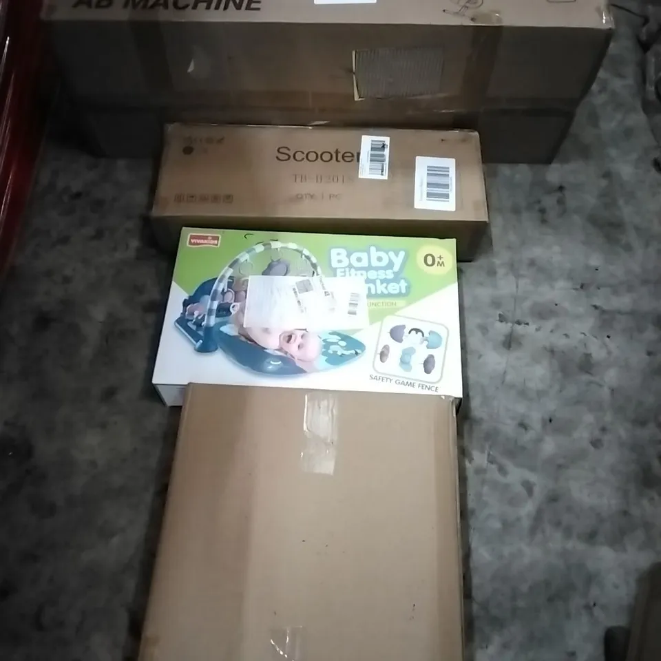 PALLET OF HOUSEHOLD ITEMS TO INCLUDE SCOOTER, BABY FITNESS BLANKET, AB MACHINE,  WREATH AND OTHER ASSORTED ITEMS...