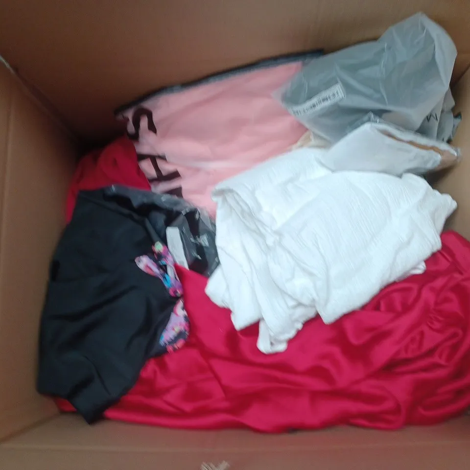 BOX OF ASSORTED CLOTHING ITEMS IN VARIOUS COLOURS, SIZES AND STYLES