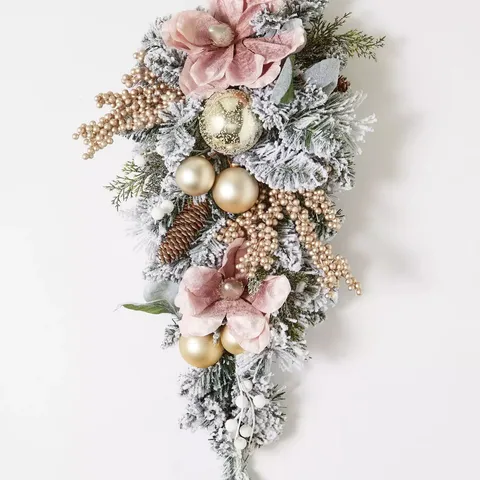 FROSTED ROSE PRE-LIT TEARDROP CHRISTMAS WREATH