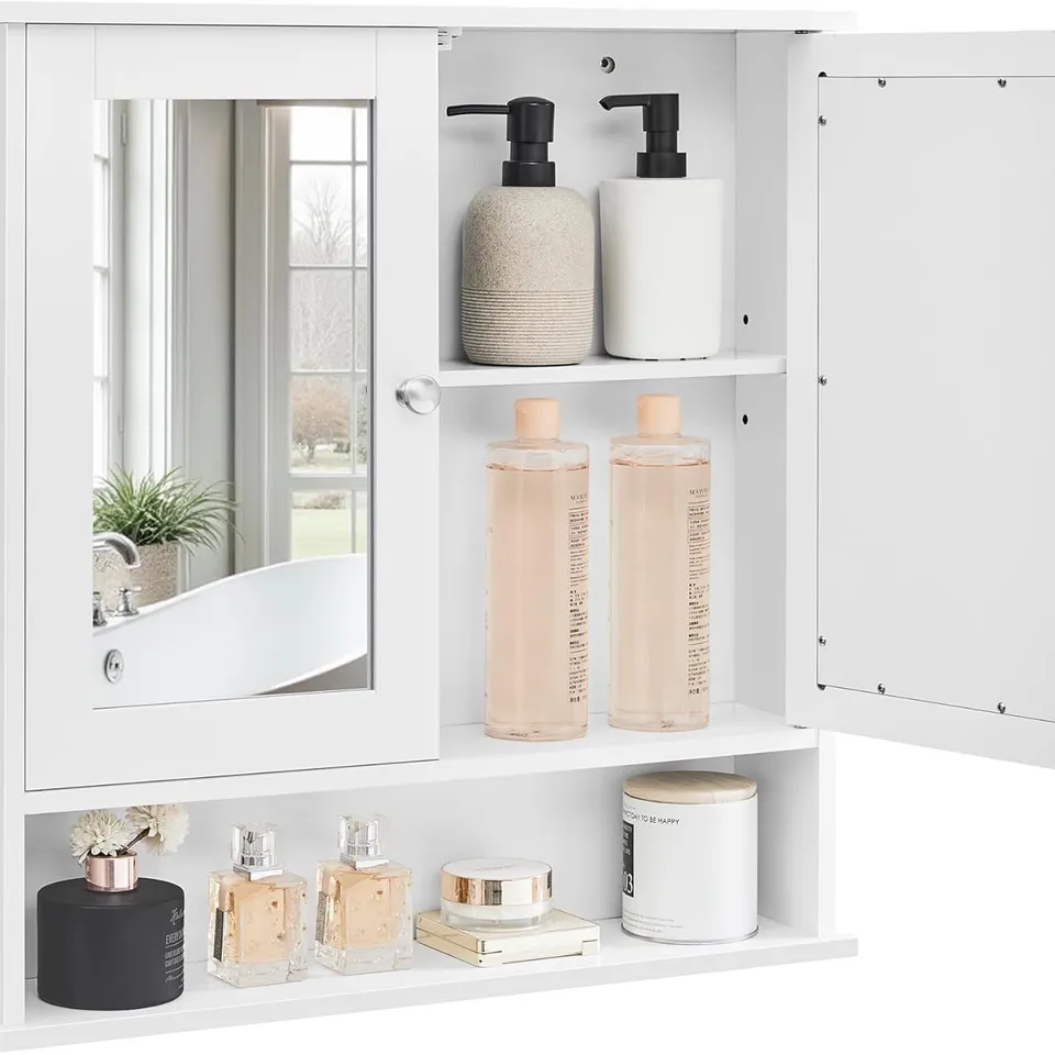 VASAGLE BATHROOM CABINET WITH MIRROR, WALL CABINET WITH 2 MIRRORED DOORS AND OPEN COMPARTMENT, ADJUSTABLE SHELF, WALL-MOUNTED, 13 X 56.5 X 58.5 CM, WHITE