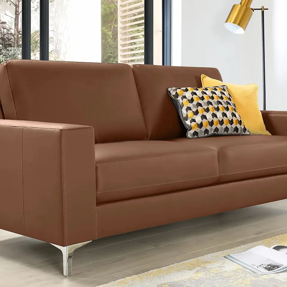 BOXED DESIGNER BALTIMORE TAN LEATHER THREE SEATER SOFA 