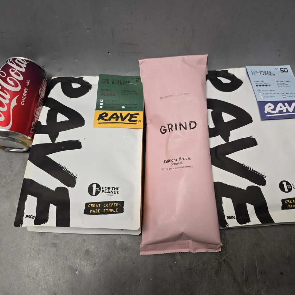 APPROXIMATELY 17 ASSORTED FOOD & DRINK ITEMS TO INCLUDE -  COCA COLA CHERRY , GRIND EDITIONS BRAZIL , RAVE COLOMBIA EL CARMEN ETC