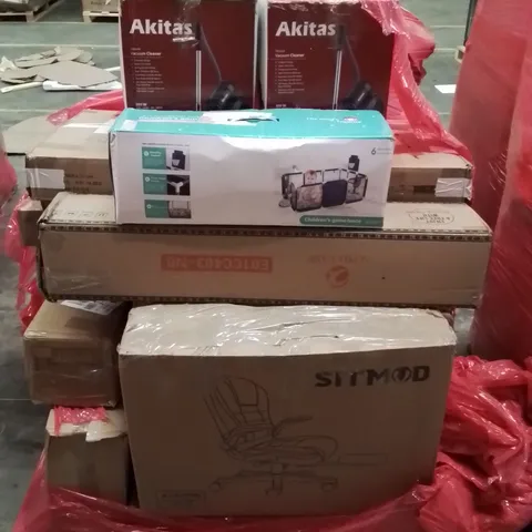 PALLET CONTAINING VARIOUS ASSORTED BOXED HOUSEHOLD ITEMS TO INCLUDE: OFFICE CHAIR, BABYS PLAYPEN, VACUUM CLEANERS,CAMPING CHAIR AND LOTS MORE UNMARKED BOXED ITEMS