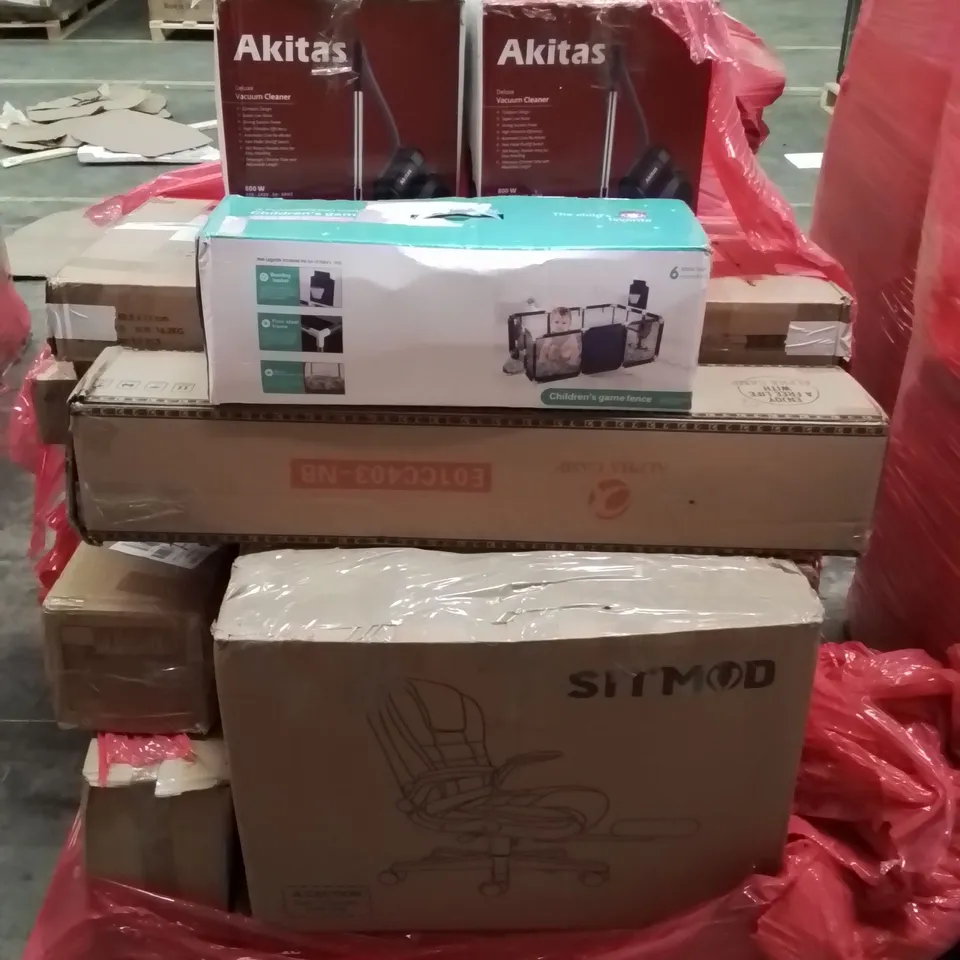 PALLET CONTAINING VARIOUS ASSORTED BOXED HOUSEHOLD ITEMS TO INCLUDE: OFFICE CHAIR, BABYS PLAYPEN, VACUUM CLEANERS,CAMPING CHAIR AND LOTS MORE UNMARKED BOXED ITEMS 