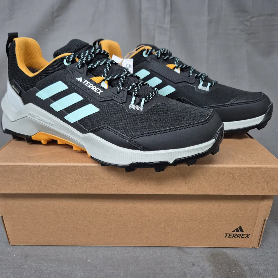 BOXED PAIR OF ADIDAS TERREX AX4 GTX SHOES IN BLACK/GREY/YELLOW/PASTEL BLUE UK SIZE 8