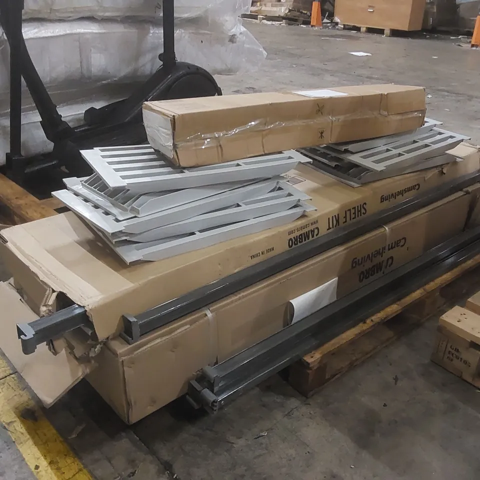 PALLET CONTAINING ASSORTED SHELVING PARTS ECT