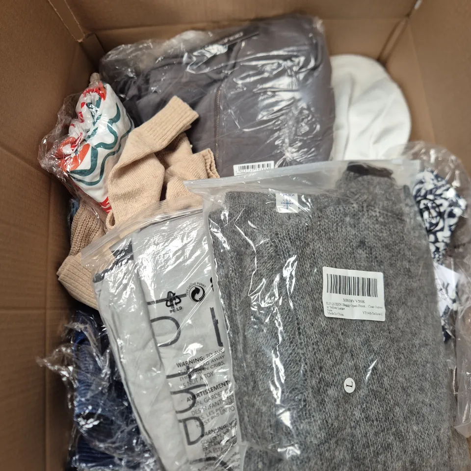 LARGE BOX OF ASSORTED CLOTHING ITEMS IN VARIOUS SIZES, STYLES AND COLOUR 