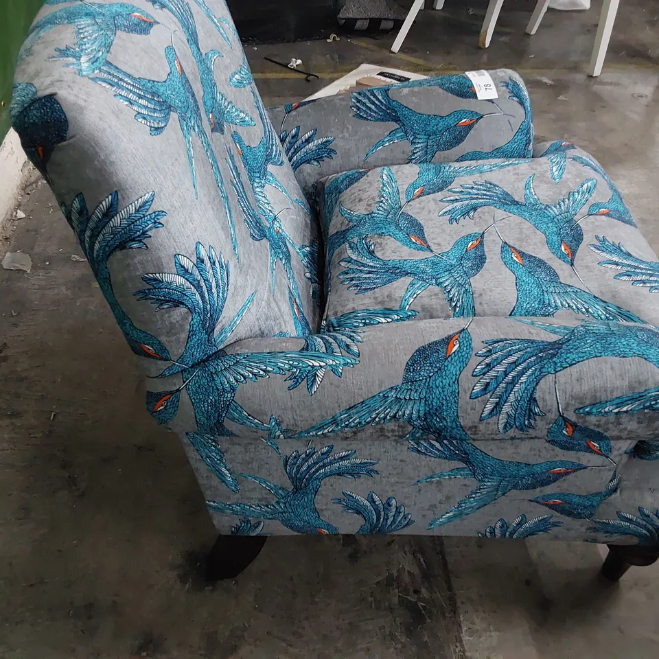 QUALITY BRITISH DESIGNER LOUNGE Co. EASY CHAIR BLUE BIRDS OF PARADISE FABRIC