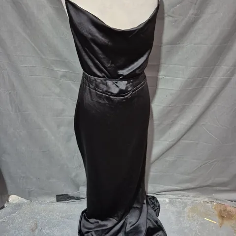 CLUB LONDON SATIN COWL NECK MAXI DRESS WITH CROSS BACK DETAIL IN BLACK SIZE 10