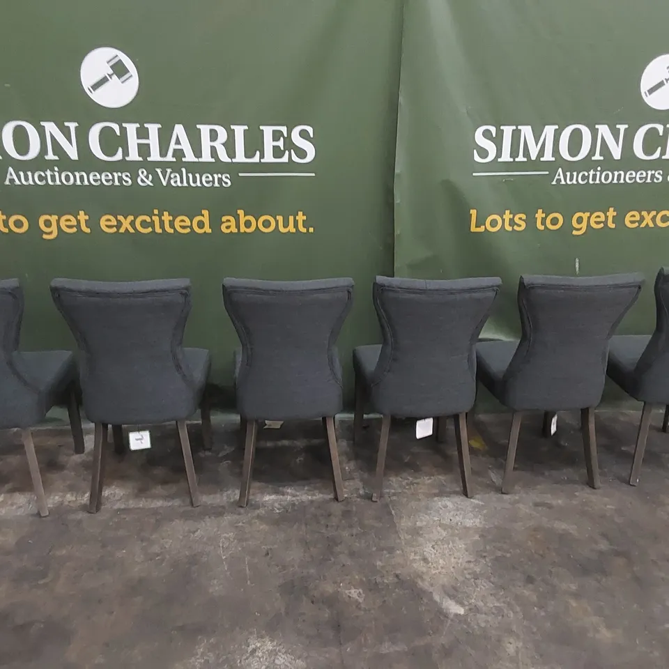 SET OF 6 BEWLEY SLATE FABRIC BUTTON BACK DINING CHAIRS 