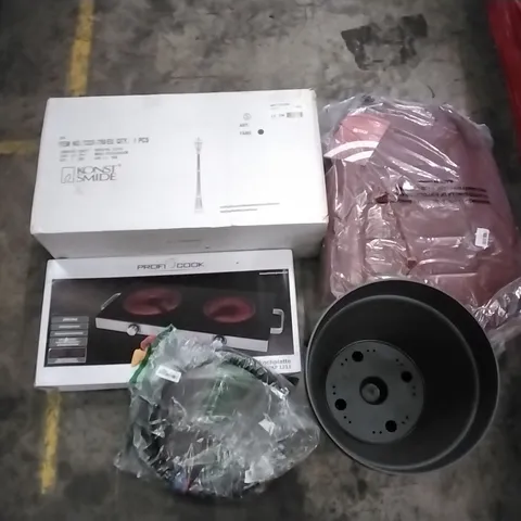 PALLET OF HOUSEHOLD ITEMS TO INCLUDE OUTSIDE LIGHTING, INFRERED DOUBLE COOKING PLATE, PLASTIC POT AND CAR COVE SEATS ECT 