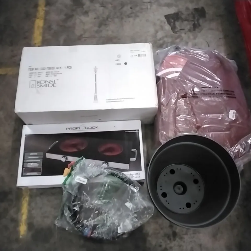 PALLET OF HOUSEHOLD ITEMS TO INCLUDE OUTSIDE LIGHTING, INFRERED DOUBLE COOKING PLATE, PLASTIC POT AND CAR COVE SEATS ECT 