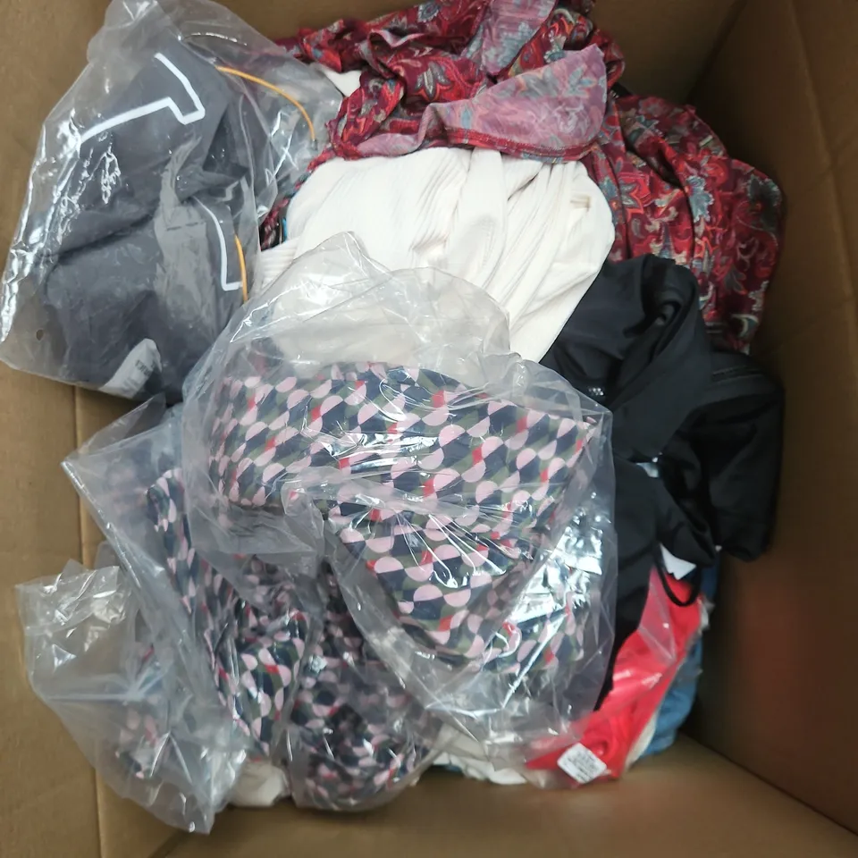 BOX OF APPROXIMATELY 20 ASSORTED CLOTHING ITEMS TO INCLUDE JACKET, DRESS, SWEATHIRT, ETC