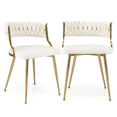 BOXED COSTWAY SET OF 2 VELVET DINING CHAIR WITH METAL LEGS AND WOVEN BACK - WHITE