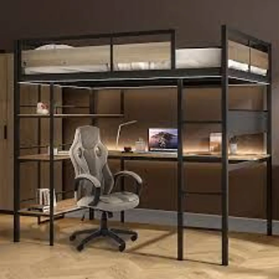 BOXED XR LIVING DENVER HIGH SLEEPER WITH WIRELESS CHARGING AND APP CONTROLLED LED LIGHTS - DOUBLE - OAK/BLACK (3 BOXES)