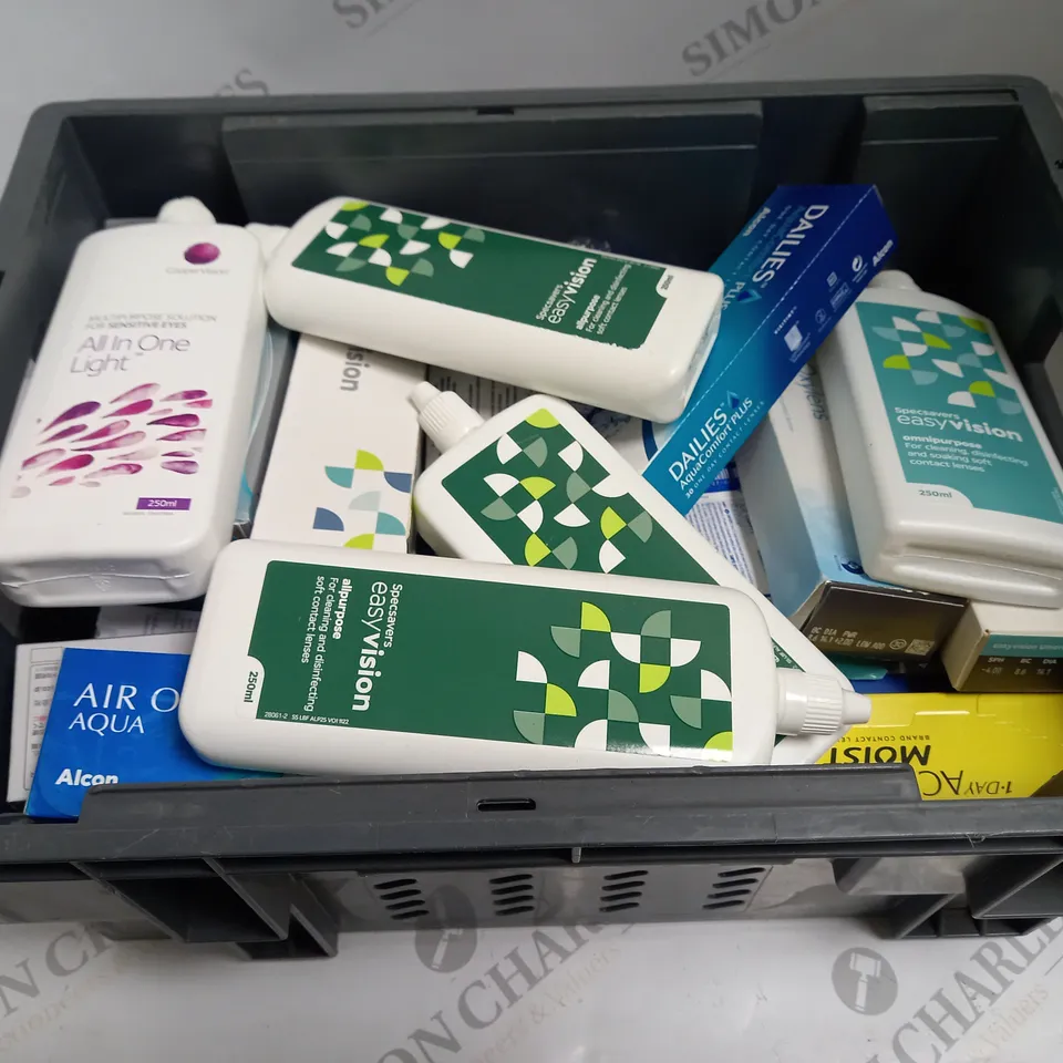 BOXED LOT TO CONTAIN APPROX. 30 X ASSORTED VISION CARE PRODUCTS. INCLUDES PACKS OF CONTACT LENSES & CONTACT LENSE CLEANING SOLUTION. BRANDS VARY