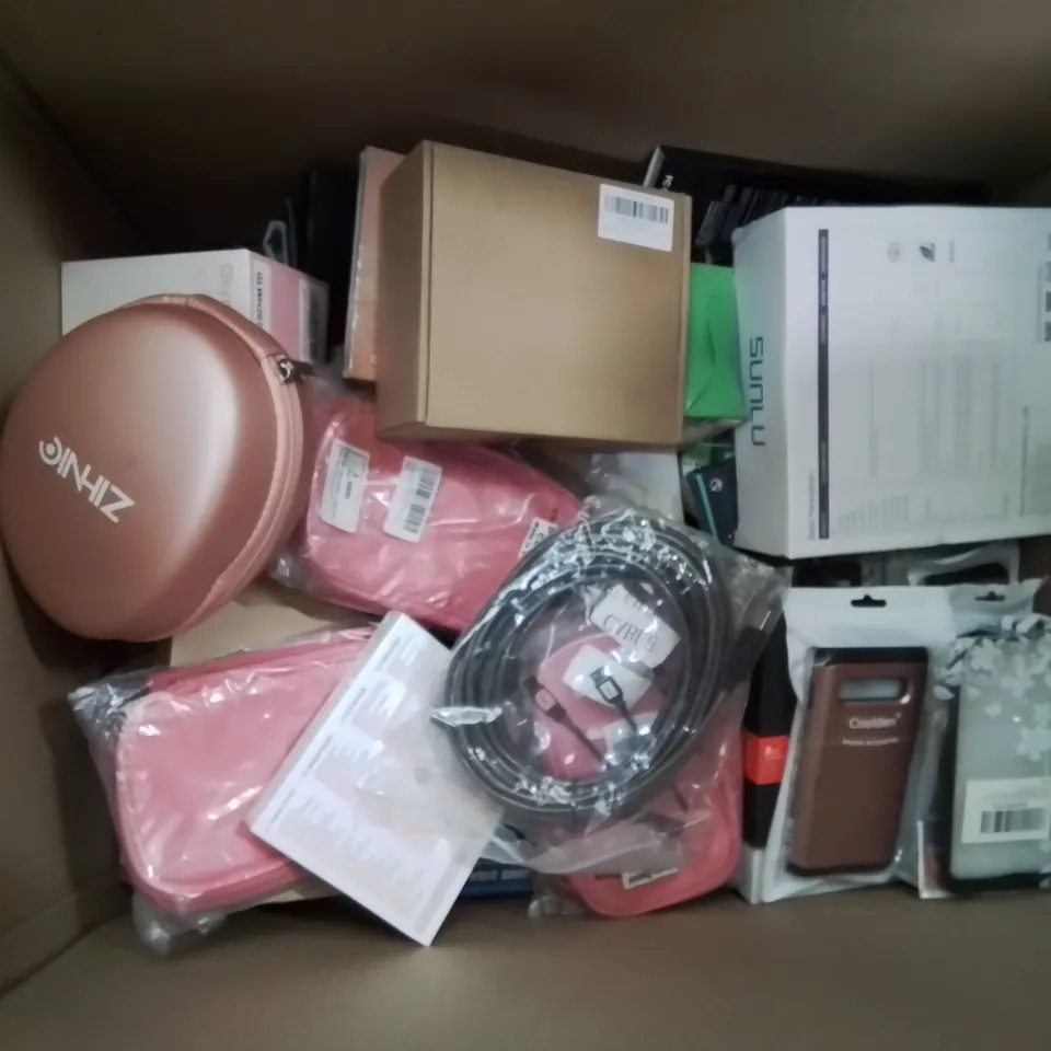 BOX CONTAINING LARGE AMOUNT OF BOXED ELECTRICAL ITEMS TO INCLUDE: BATTERIES, INK CARTRIDGE, HEADPHONES, GLASS PROTECTION COVERS, CHARGING CABLES, PHONE CASES AND LOTS MORE.