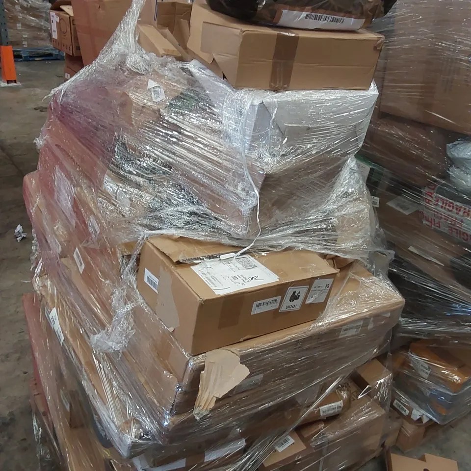 PALLET CONTAINING VARIOUS ASSORTED BOXED ITEMS TO INCLUDE,  HANDHELD CHAINSAW, EXPANDABLE HOSES, SPRAY GUN,  CAR PARTS AND LOTS MORE UNMARKED BOXED ITEMS 