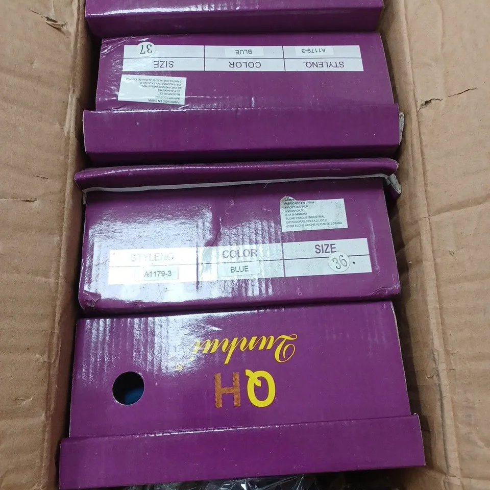 BOX OF APPROXIMATELY 10 PAIRS OF QUNHUI BLUE HIGH HEELED SHOES 