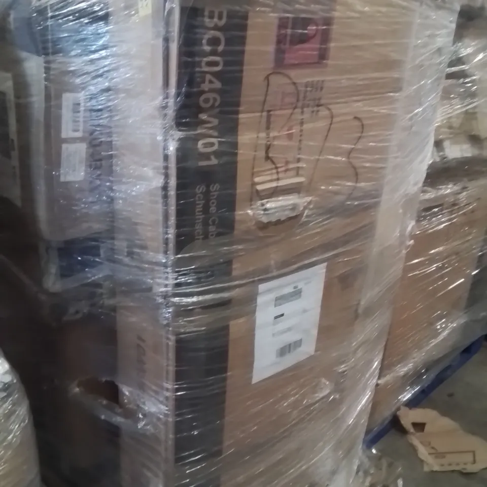 PALLET OF ASSORTED HOUSEHOLD GOODS AND PRODUCTS TO INCLUDE;SHOE CABINET,PARASOL,CABINET 
