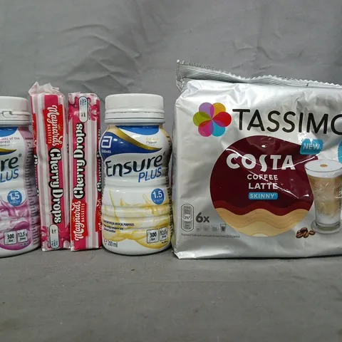 APPROXIMATELY 10 ASSORTED FOOD AND DRINK ITEMS TO INCLUDE TASSIMO, ABBOTT ENSURE PLUS, ETC