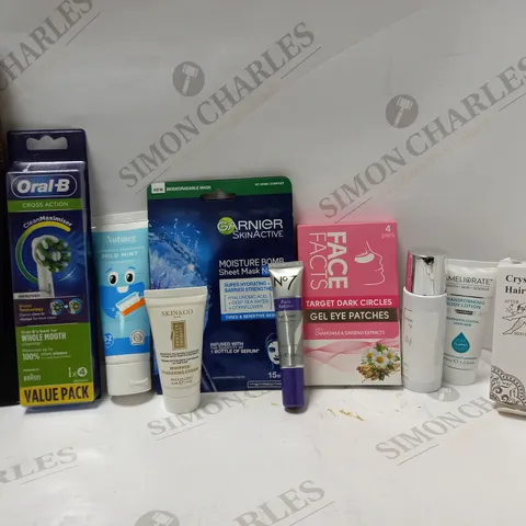 LOT OF APPROX 10 ASSORTED BEAUTY PRODUCTS TO INCLUDE ORAL B TOOTHPASTE, GARNIER MOISTURE SHEET MASK, CRYSTAL HAIR REMOVER, ETC