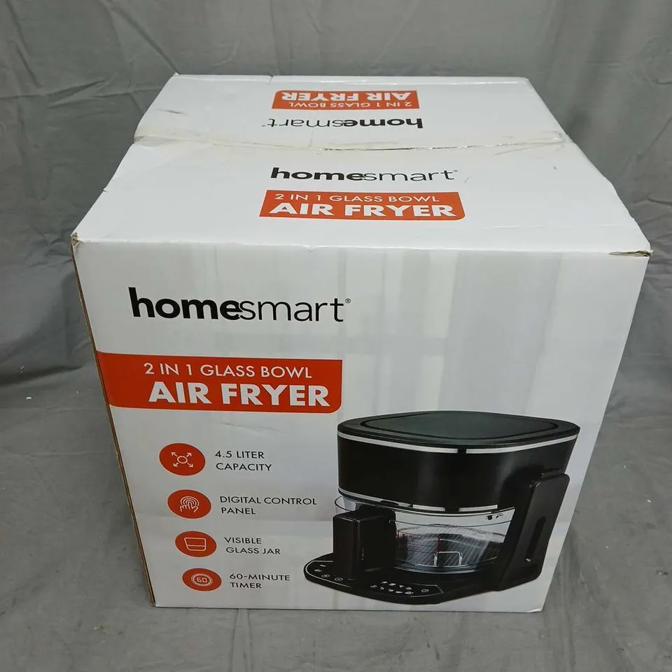 HOMESMART 2-IN-1 GLASS BOWL AIR FRYER – 4.5L CAPACITY, BOXED