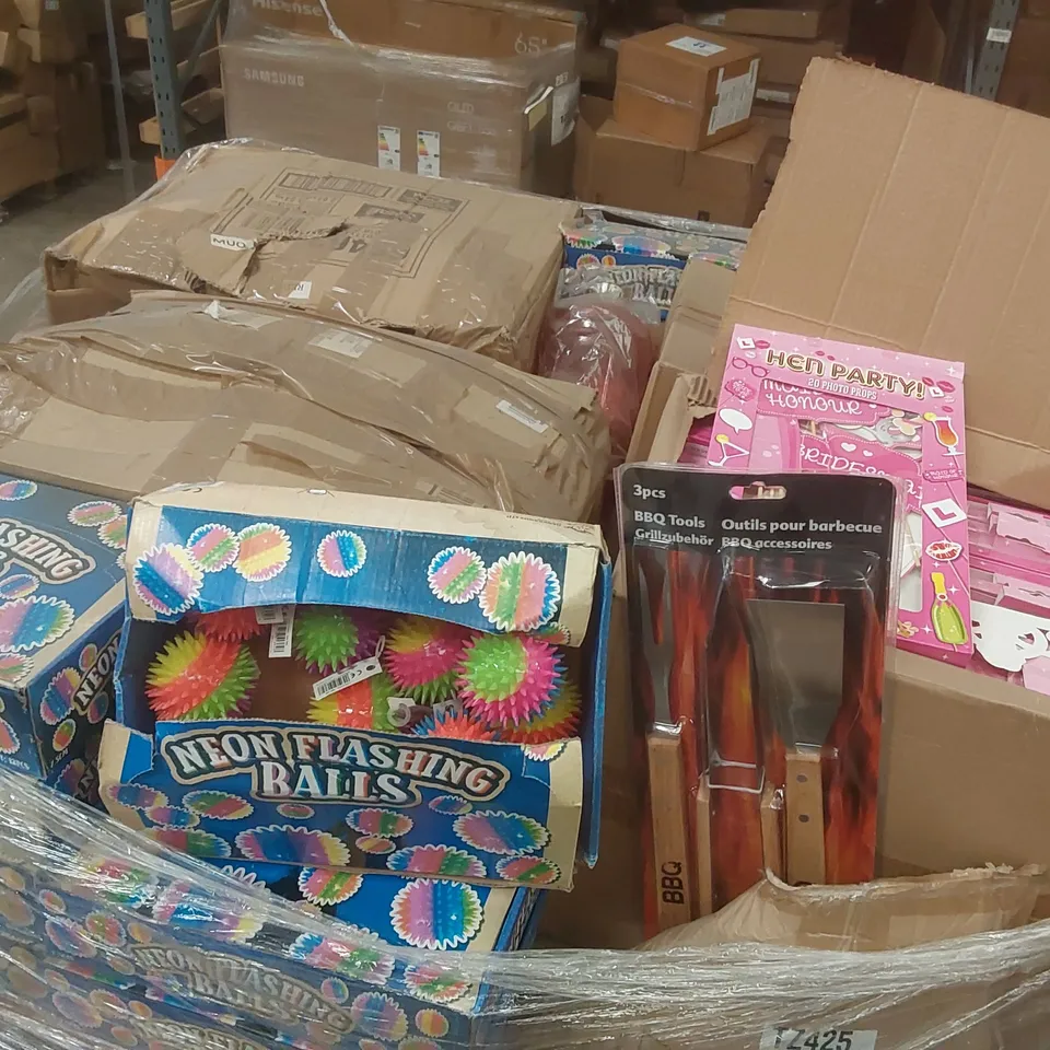PALLET TO CONTAINING A VERY LARGE QUANTITY OF ASSORTED ITEMS INCLUDING: NEON FLASHING BALLS, CAFE LATTE GLASSES, BBQ ACCESSORIES, HEN PARTY ITEMS ECT