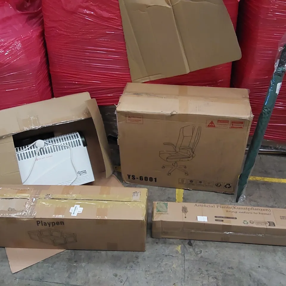 PALLET OF ASSORTED ITEMS INCLUDING: OFFICE CHAIR, CONVECTOR HEATER, PLAYPEN, ARTIFICIAL PLANTS, UMBRELLA 