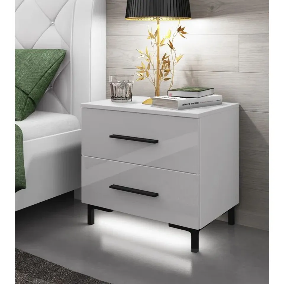 BOXED VARONIQUE 2 DRAWER BEDSIDE TABLE - WHITE GLOSS (1 BOX)