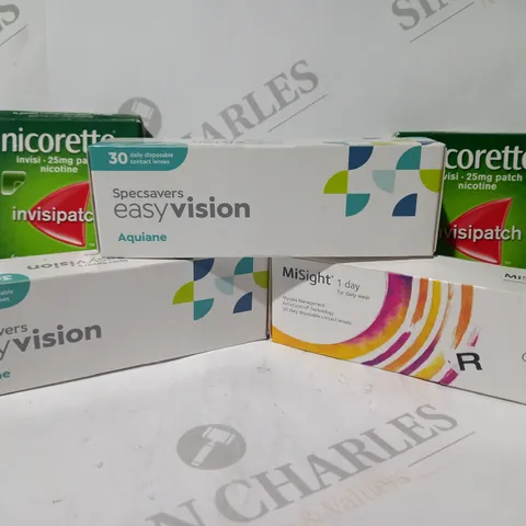 APPROXIMATELY 20 ASSORTED HOUSEHOLD ITEMS TO INCLUDE NICORETTE INVISIPATCH, EASY VISION CONTACT LENSES, ETC