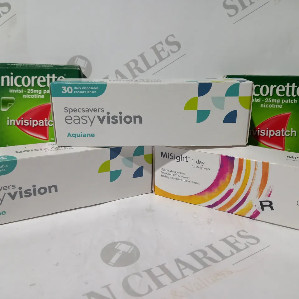 APPROXIMATELY 20 ASSORTED HOUSEHOLD ITEMS TO INCLUDE NICORETTE INVISIPATCH, EASY VISION CONTACT LENSES, ETC