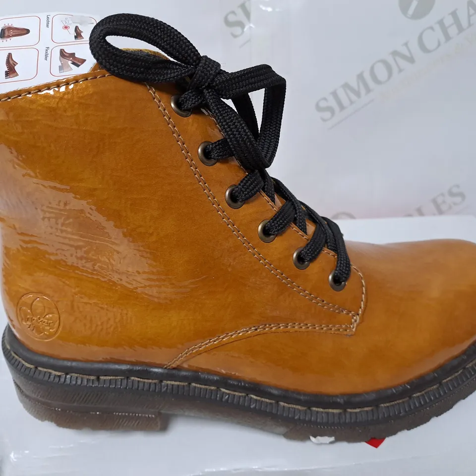 BOXED RIEKER LACE ANKLE BOOTS SIZE 6 OCHRE