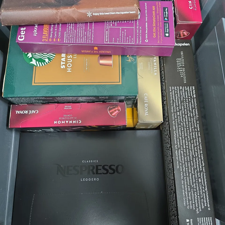 APPROXIMATELY 10 ASSORTED FOOD/DRINK PRODUCTS TO INCLUDE STARBUCKS HOUSE BLEND, LINDT CHOCOLATE, NESPRESSO COFFEE ETC 