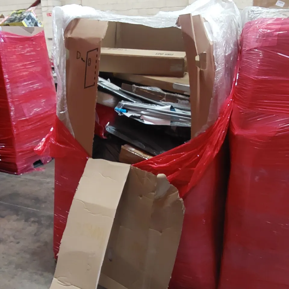 PALLET OF ASSORTED HOUSEHOLD GOODS AND PRODUCTS TO INCLUDE; BLINDS, WALL MOUNTED IRONING BOARD, EXTENDABLE WATER BRUSH, BOXED FURNITURE ETC