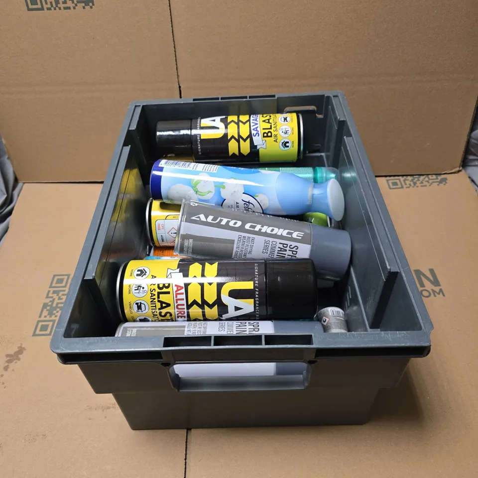 TOTE OF APPROXIMATELY 20 ASSORTED AEROSOL PRODUCTS TO INCLUDE THE RITUAL OF KARMA BODY LOTION MOUSSE, UA SAVAGE BLAST AIR SANITATION, FABREZE, SPRAY PAINT STONELEIGH GREY ETC