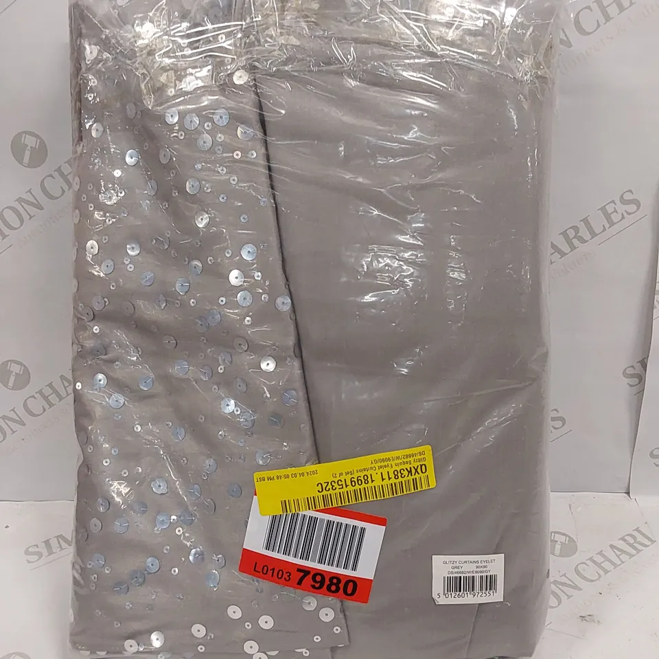 BAGGED GLITZY SEQUIN EYELET CURTAINS - GREY // SIZE: 229 X 229cm