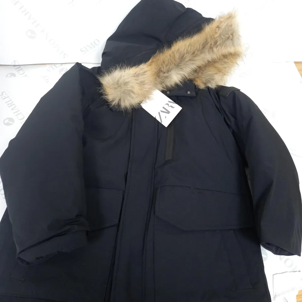 ZARA BLACK PADDED COAT WITH FUR HOOD-  8-9 YEARS OLD 